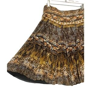 CHICO'S Women's 100% Silk Skirt Sz 12 LG Brown White Geometric Indie Boho Forest